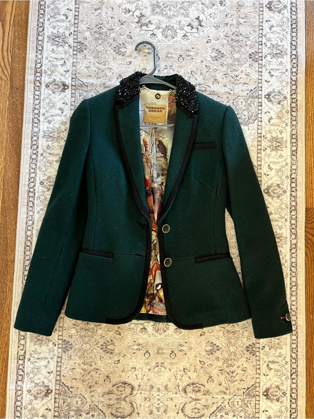Ted Baker Dark Green Wool Blazer with Beaded Black Collar